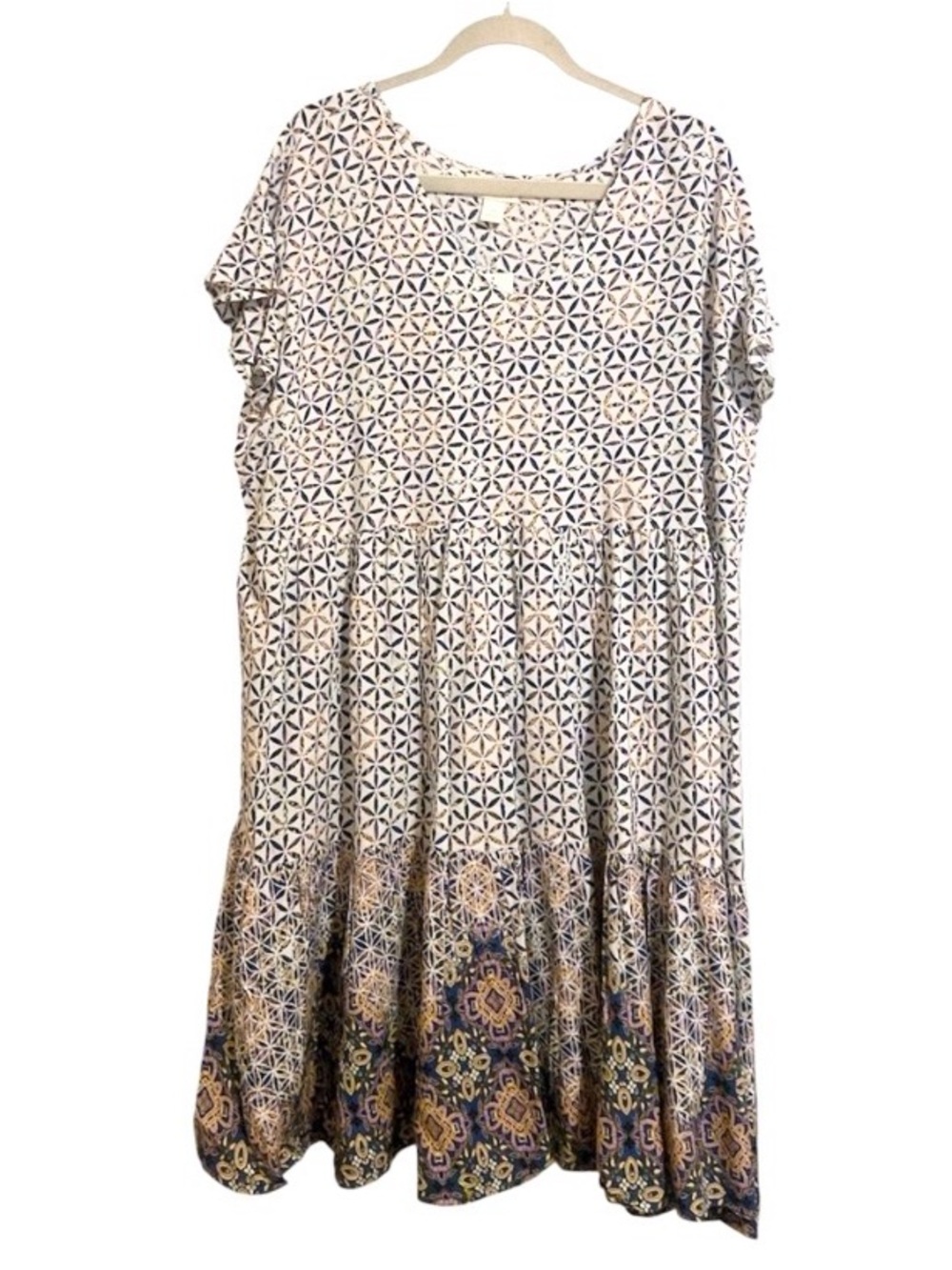 Plus Size 20 Boho Short Sleeve Dress Geometric Print Tiered Hem By Loralette NWT